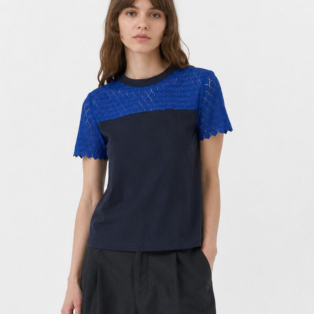 Band of Outsiders Women's 100% Silk Blouse Blue Mesh trime size 2